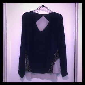 Navy and white long sleeved blouse